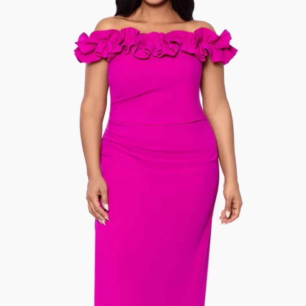 NWT XSCAPE gown Long Scuba Ruffle Off-Shoulder Ruched Dress